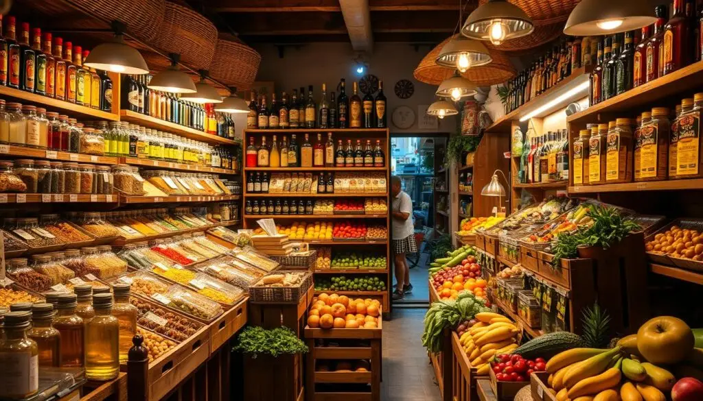 A bustling Spanish grocery store, filled with vibrant displays of aromatic spices, gleaming bottles of golden olive oil, and an abundance of fresh, local produce. The warm, mellow lighting casts a cozy, inviting glow over the scene, drawing the eye to the rich textures and vibrant colors of the shopkeeper's wares. Wooden shelves and crates create a rustic, authentic atmosphere, while the presence of traditional Spanish decor, such as hand-woven baskets and colorful ceramic tiles, adds a touch of cultural flair. The overall composition evokes a sense of culinary tradition and the joy of discovering unique, high-quality ingredients that define the essence of Spanish cuisine.