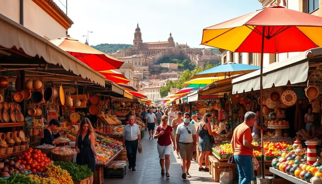 A bustling open-air market in the heart of Spain, bathed in warm Mediterranean sunlight. Rows of colorful stalls brimming with fresh produce, artisanal crafts, and local delicacies. Vendors call out to passersby, inviting them to peruse their wares. In the distance, the iconic architecture of a historic Spanish town provides a picturesque backdrop. Vibrant umbrellas shade the stalls, creating a lively, immersive atmosphere. Shoppers meander through the market, stopping to examine handmade ceramics, browse handcrafted leather goods, and sample regional specialties. A feast for the senses, this quintessential Spanish marketplace captures the essence of the country's vibrant culture and tradition.