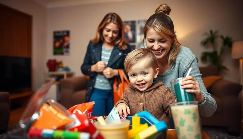 A cheerful mother and child preparing for a cinema visit. The foreground shows the child excitedly picking out snacks and a drink from a colorful selection, with the mother guiding them. In the middle ground, the pair are getting their coats and bags ready, excitement in their expressions. The background depicts a warm, inviting living room setting, with hints of movie posters or cinema memorabilia visible. Soft, diffused lighting illuminates the scene, creating a cozy, anticipatory atmosphere. The composition is balanced, drawing the eye to the central figures. An intimate, family-oriented moment, capturing the joy of a child's first cinema experience.