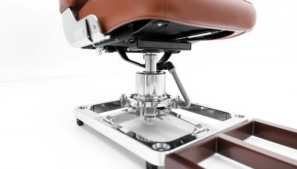 A close-up view of a swivel mechanism being installed into the seat base of a classic car seat. The mechanism is a high-quality, heavy-duty rotational platform, designed to seamlessly integrate with the seat frame. The scene is well-lit, showcasing the intricate engineering and metalwork of the component. The background is clean and minimalist, allowing the installation process to be the focal point. The angle is slightly elevated, providing a clear view of the entire modification process. The overall mood is one of precision, functionality, and the satisfaction of a DIY project well-executed.