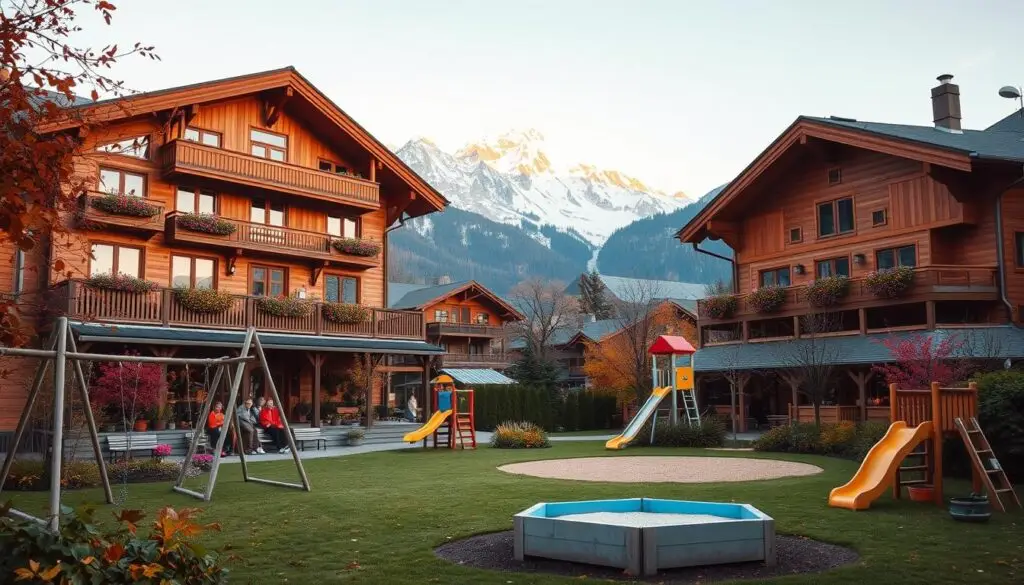 A cozy autumn scene in a mountain hotel, catering to children's delight. In the foreground, a vibrant playground with swings, slides, and a sandbox, surrounded by a lush, colorful garden. In the middle ground, the hotel facade, a charming alpine-style building adorned with wooden balconies and flower boxes. The background showcases the majestic snow-capped peaks of the mountains, bathed in the warm glow of the setting sun. The atmosphere is one of tranquility and family-friendly enjoyment, with a sense of adventure and exploration. Soft, diffused lighting creates a inviting, intimate ambiance, perfect for an autumn getaway with children.