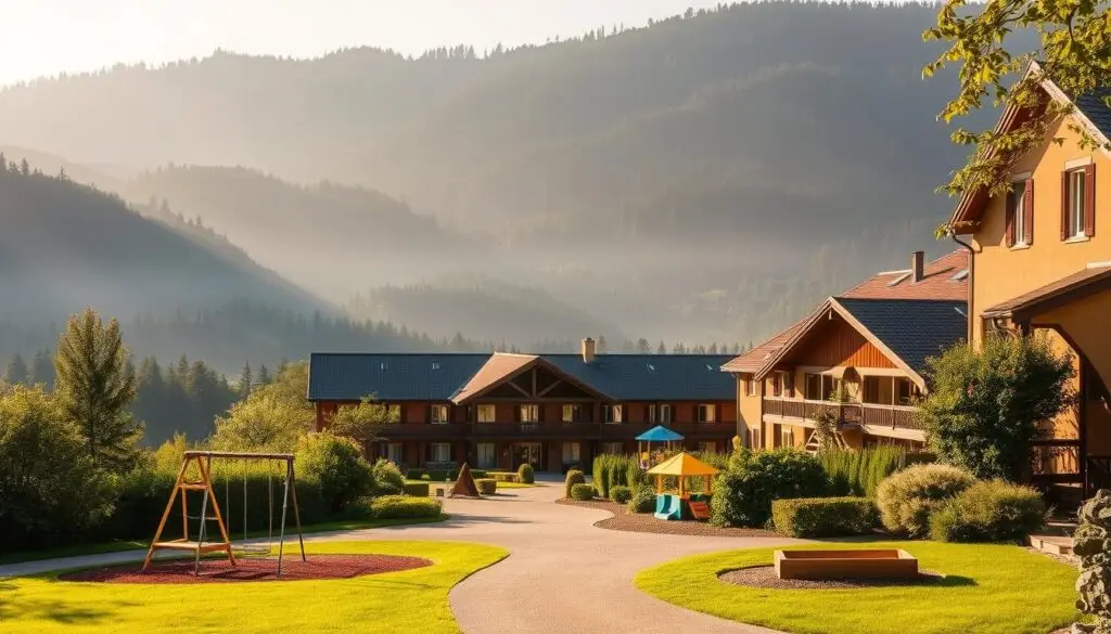 A cozy, family-friendly hotel nestled in a picturesque, lush landscape. The foreground showcases a welcoming entrance with a play area for children, complete with a colorful swing set and a sandbox. The middle ground features the hotel's exterior, a charming, traditional building with warm, earthy tones and a gabled roof. In the background, rolling hills and forests create a serene, idyllic setting, bathed in soft, golden sunlight. The atmosphere exudes a sense of relaxation and comfort, perfect for a family vacation. The image conveys a welcoming, child-friendly environment that caters to the needs of parents and their young children.