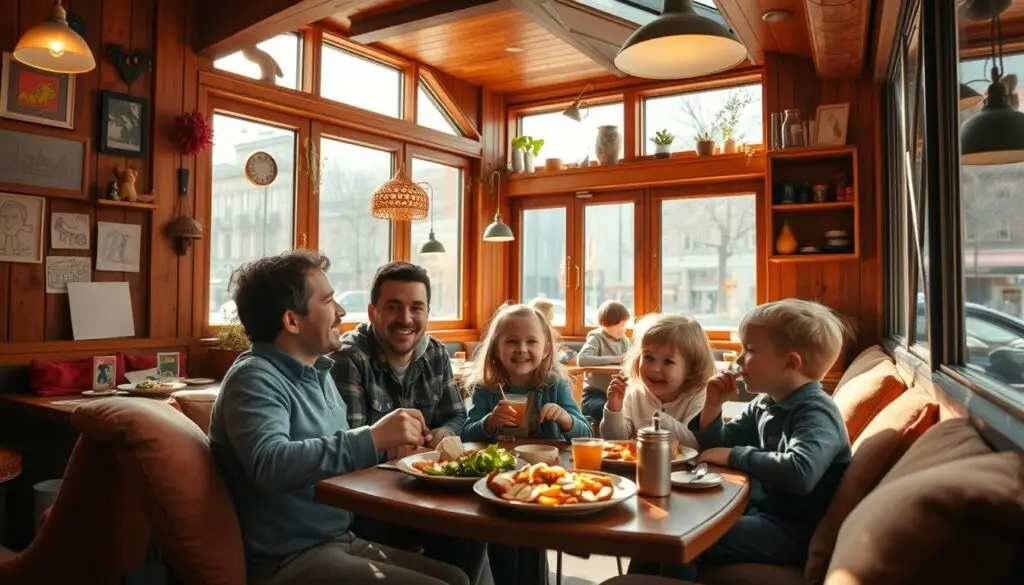A cozy, sun-dappled cafe nestled in the heart of Warsaw, filled with the laughter of families and the aroma of freshly brewed coffee. Warm wood tones and inviting plush seating create a welcoming ambiance, while large windows offer a glimpse of the bustling city outside. Children's drawings and toys scattered throughout add a charming, homely touch. In the foreground, a family of four enjoys a hearty meal together, their faces alight with joy and contentment. A mix of modern and vintage decor elements blend seamlessly, evoking a timeless, family-friendly atmosphere. Soft, diffused lighting casts a gentle glow, setting the perfect mood for a relaxed, leisurely meal.