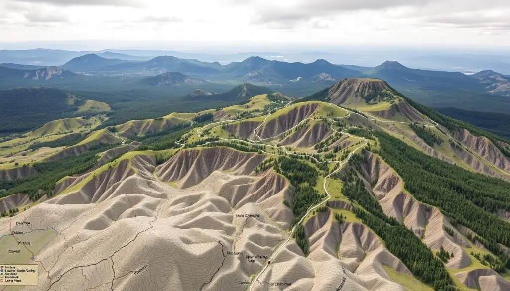 A detailed topographic map of the Lower Silesian Extinct Volcanoes region, showcasing the network of hiking trails and scenic viewpoints. The landscape is dominated by rolling hills, lush forests, and the remnants of ancient volcanic activity, casting a rugged, otherworldly atmosphere. The map is rendered in a muted color palette, with contour lines, elevation markers, and trail markers clearly delineated. The foreground features a prominent legend, while the middle ground highlights the winding paths that wind through the volcanic terrain. In the background, the horizon is dotted with the silhouettes of extinct volcanic peaks, hinting at the region's geological history. The overall composition conveys a sense of adventure and exploration, inviting the viewer to discover the natural wonders of this unique landscape.
