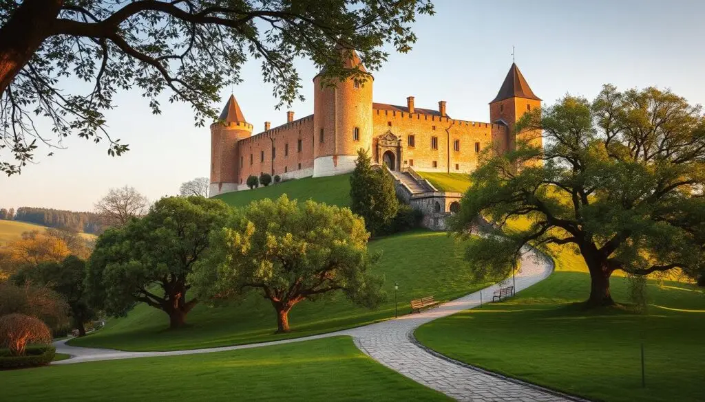 A grand medieval castle situated atop a verdant hill, its towering turrets and imposing stone walls casting long shadows across the lush, rolling countryside. Warm afternoon sunlight illuminates the entrance, beckoning visitors to explore its well-preserved interiors and discover the rich history that permeates every nook and cranny. Pathways wind through the surrounding gardens, where ancient trees provide dappled shade and benches invite contemplation. At the heart of this historic site, a sense of timelessness prevails, inviting travelers to immerse themselves in the practical details that make a visit to Zamek Czersk both enlightening and memorable.