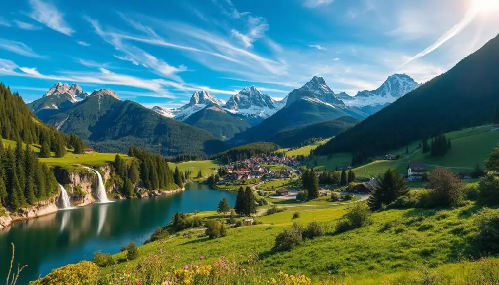 A lush alpine landscape in Weissensee, Austria, captured in a wide-angle lens. In the foreground, a serene lake reflects the surrounding peaks and forests. Cascading waterfalls tumble down the rugged cliffs, framed by verdant meadows and wildflowers. The middle ground features a quaint village with traditional Austrian architecture, nestled among rolling hills and winding roads. In the distance, snow-capped mountains rise majestically, their jagged summits piercing the azure sky. Warm, golden sunlight filters through wispy clouds, creating a breathtaking, postcard-worthy scene that invites the viewer to plan their journey to this idyllic alpine paradise.