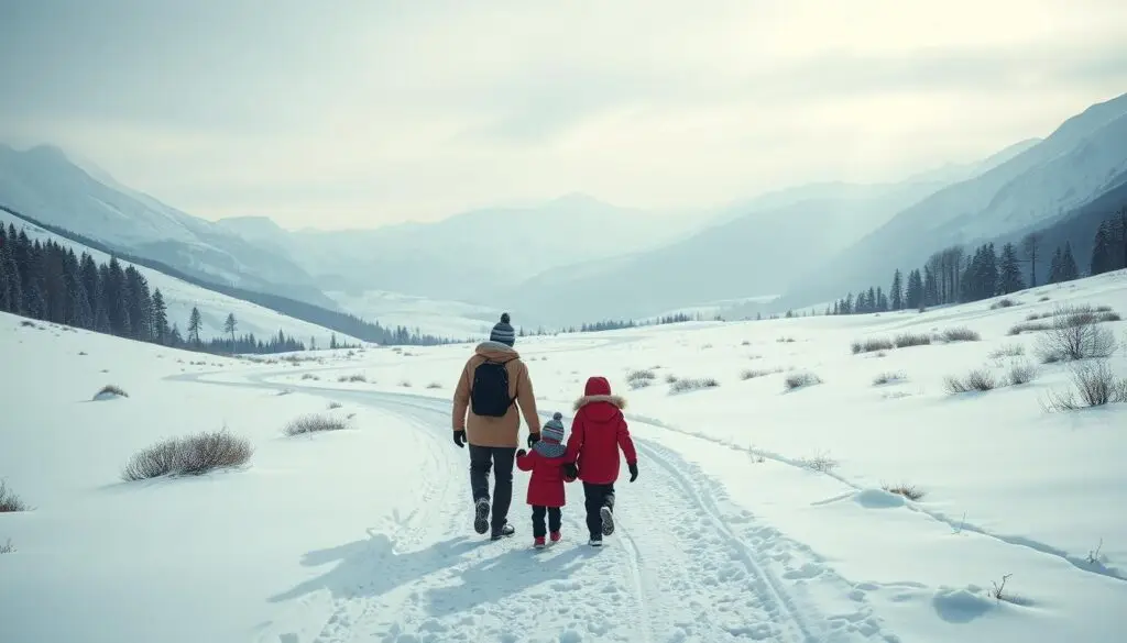 A peaceful, snow-covered path winds through a picturesque winter landscape in the Tatra Mountains. In the foreground, a family of three - a parent and two young children - are bundled up in warm coats, hats, and mittens, leisurely strolling along the well-marked trail. The middle ground features towering, snow-capped peaks in the distance, their majestic silhouettes casting long shadows across the serene, powdery terrain. Soft, diffused lighting filters through the overcast sky, creating a calm, inviting atmosphere. The scene conveys a sense of tranquility, safety, and wonder, perfectly capturing the essence of an enjoyable, family-friendly winter hike in the Tatra Mountains.
