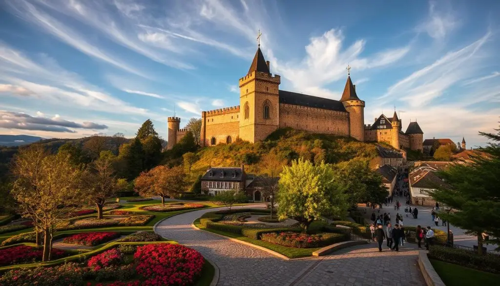 A picturesque medieval castle nestled on a hilltop, its towering stone walls and ornate turrets casting long shadows across the surrounding lush greenery. In the foreground, a cobblestone path winds through an idyllic garden, dotted with colorful blooms and ancient trees. The middle ground reveals a bustling town square, where locals and tourists mingle, admiring the castle's majestic presence. Warm, golden sunlight filters through wispy clouds, casting a serene, inviting atmosphere over the entire scene. A wide-angle lens captures the castle's grandeur, showcasing its impressive scale and the charming historical ambiance of the area.