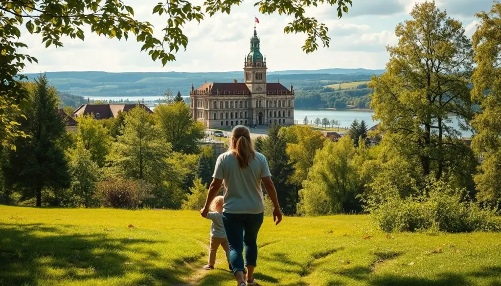 A picturesque scene of a family exploring the charming attractions in the Lodz region. In the foreground, a parent guides a young child through a lush, verdant park, the dappled sunlight casting a warm, inviting glow. In the middle ground, a majestic historic building stands tall, its ornate architecture and vibrant colors drawing the eye. The background features rolling hills and a serene lake, the calm waters reflecting the tranquil atmosphere. The overall composition conveys a sense of wonder, discovery, and quality family time in a visually stunning, quintessentially Polish setting.