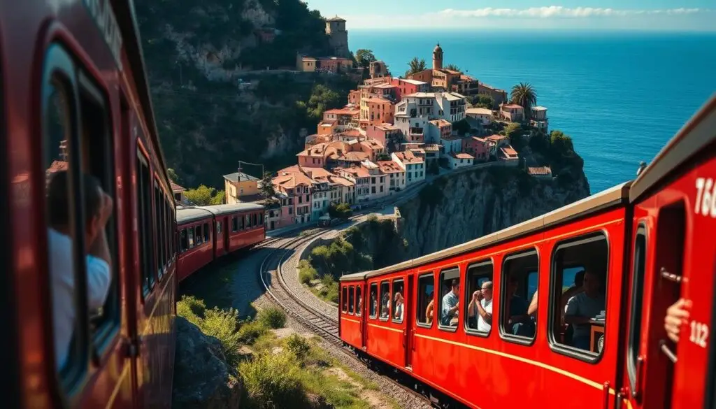 A picturesque train winding through the stunning Cinque Terre landscape, capturing the essence of the region's renowned coastal villages. The vintage train, its bright red exterior complementing the vibrant hues of the cliffside buildings, navigates a serpentine route along the rugged terrain. Passengers peer out of the windows, taking in the breathtaking vistas of the Mediterranean Sea and the charming towns below. Dramatic lighting casts dramatic shadows, lending an atmospheric quality to the scene. The composition focuses on the train as the central element, while the surrounding environment of lush greenery, rocky outcroppings, and quaint architecture frame the transportation mode that connects these enchanting destinations.