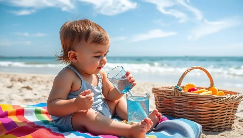 A serene beach scene with a young child enjoying a healthy snack and hydrating beverage. In the foreground, a toddler sits on a colorful beach towel, munching on fresh fruit and crackers, a sippy cup filled with chilled water or juice within reach. The middle ground features a picnic basket overflowing with child-friendly treats, while the background showcases the tranquil ocean, gentle waves lapping at the shore, and a clear blue sky dotted with wispy clouds. The lighting is soft and natural, creating a calming, inviting atmosphere perfect for a family day at the beach.