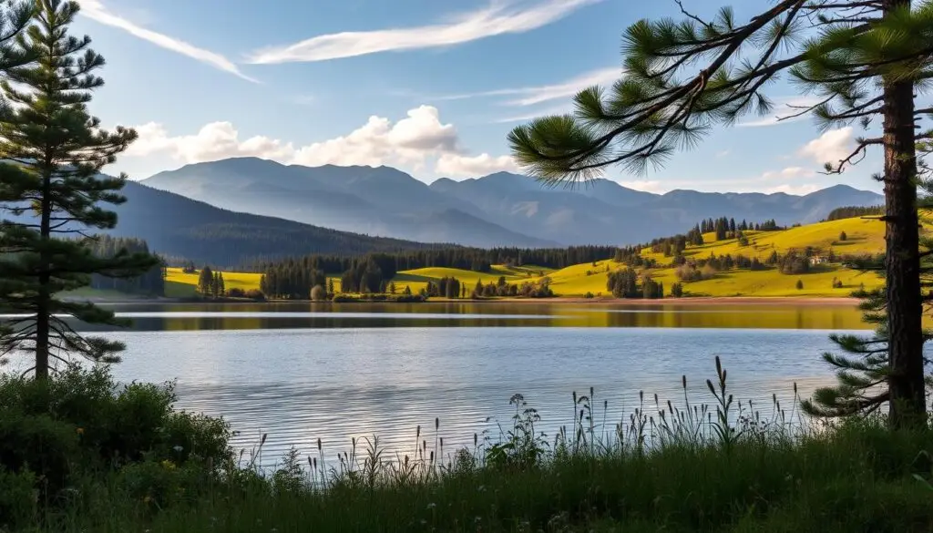 A serene landscape of Opole region's natural beauty, captured in stunning detail. In the foreground, a tranquil lake reflects the surrounding lush greenery, with towering pine trees lining its shores. In the middle ground, gently rolling hills dotted with wildflowers sway in the soft breeze. The background reveals majestic mountains, their peaks kissed by wispy clouds that cast delicate shadows across the scene. The lighting is soft and warm, creating a dreamlike ambiance that invites the viewer to immerse themselves in the serene and picturesque wonder of Opole's remarkable nature. A serene landscape of Opole region's natural beauty, captured in stunning detail. In the foreground, a tranquil lake reflects the surrounding lush greenery, with towering pine trees lining its shores. In the middle ground, gently rolling hills dotted with wildflowers sway in the soft breeze. The background reveals majestic mountains, their peaks kissed by wispy clouds that cast delicate shadows across the scene. The lighting is soft and warm, creating a dreamlike ambiance that invites the viewer to immerse themselves in the serene and picturesque wonder of Opole's remarkable nature.