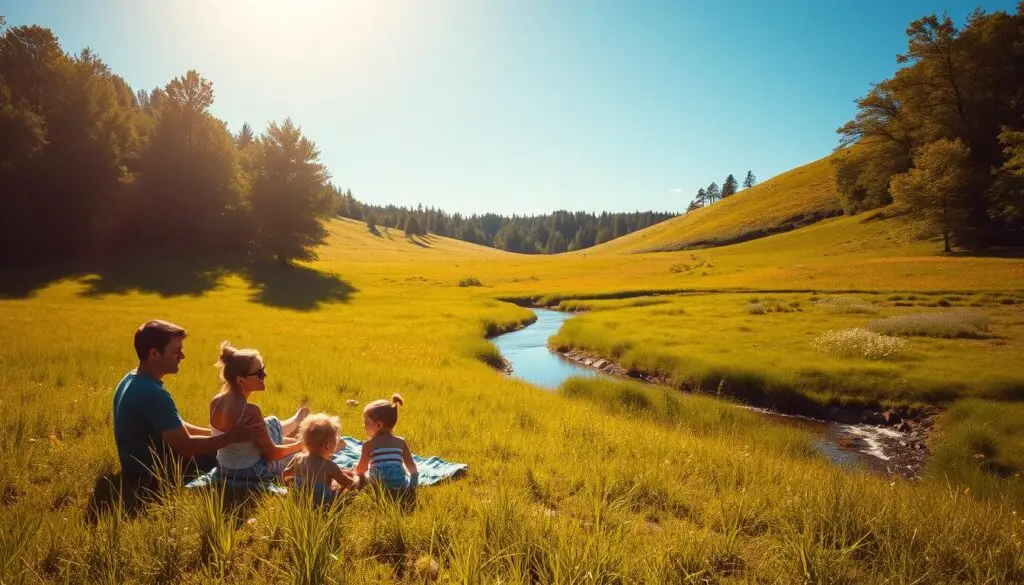 A serene natural getaway with children, a picturesque meadow bathed in warm, golden sunlight. In the foreground, a family of four relaxing on a cozy picnic blanket, the parents engaged in lighthearted conversation as their young kids playfully explore the lush, verdant grass. The middle ground features a tranquil stream winding through the scene, its gentle current reflecting the azure sky above. In the distance, a gently sloping hillside is dotted with vibrant wildflowers, framed by a dense, verdant forest. An atmosphere of peace and rejuvenation pervades the idyllic setting, inviting the viewer to escape the bustle of everyday life and immerse themselves in the simple pleasures of a natural retreat.