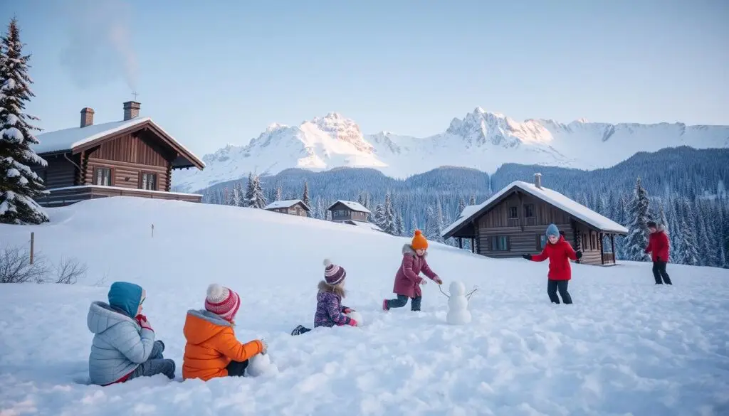 A snowy winter wonderland in the Tatra Mountains, Poland. In the foreground, children bundled in warm coats and hats frolic in the powdery snow, building snowmen and engaged in a playful snowball fight. The middle ground features a traditional Polish mountain cabin, its wooden exterior complemented by a steaming chimney. In the background, the majestic Tatra peaks rise up, their jagged silhouettes against a crisp, azure sky. Soft, diffused lighting creates a cozy, magical atmosphere, inviting viewers to immerse themselves in the joyful winter activities. The scene conveys a sense of carefree adventure and family-friendly recreation in the stunning Tatra landscape.
