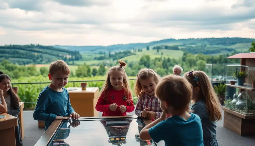 A vibrant, educational playground set against the backdrop of the Silesian landscape. In the foreground, a group of children engage with interactive exhibits, their faces filled with wonder and curiosity. The middle ground features a variety of hands-on science and nature displays, encouraging exploration and learning. In the distance, rolling hills and lush greenery create a serene, countryside atmosphere. Soft, diffused lighting illuminates the scene, creating a warm and inviting ambiance. The overall composition captures the joy and wonder of discovering the educational attractions that Silesia has to offer.