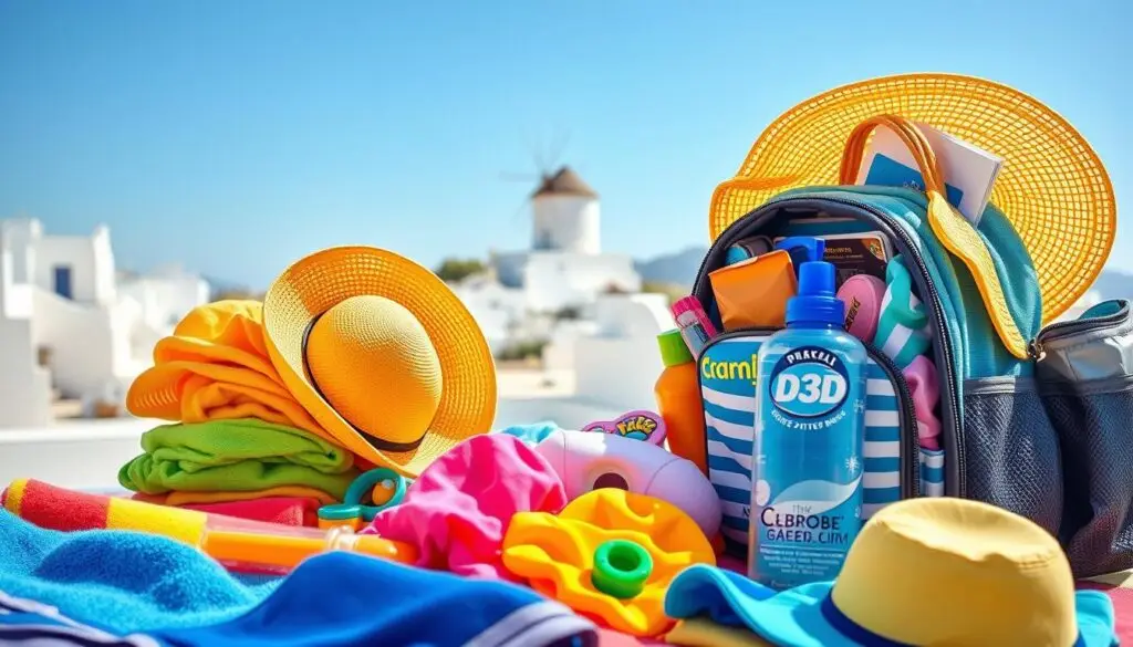 A vibrant, sun-drenched scene of a family's vacation essentials for a trip to Greece. In the foreground, a neatly organized arrangement of beach towels, sunscreen, hats, and swimsuits in vivid colors. In the middle ground, a child's backpack overflowing with toys, books, and snacks, accompanied by a reusable water bottle and a travel-sized first aid kit. The background features a picturesque Greek landscape, with whitewashed buildings, azure blue skies, and the distant silhouette of a windmill on a hilltop. The overall composition conveys a sense of carefree adventure and the excitement of a family-friendly vacation.
