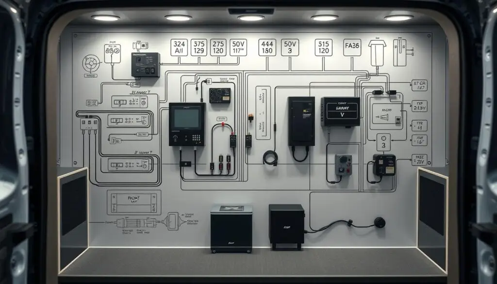 Detailed schematic diagram of a 12V electrical system for a camper van. High-contrast technical illustration showcasing the layout and components, including the battery, fuse box, electrical panels, wiring, and various appliances. Crisp, clean lines and engineering-inspired aesthetic, with precise placement of elements to aid understanding. Soft ambient lighting creates depth and emphasizes the intricate details. Photographed from a slightly elevated angle to provide an overview, using a shallow depth of field to focus attention on the key elements. The result should convey a clear, informative, and visually appealing representation of a camper van's 12V electrical installation.