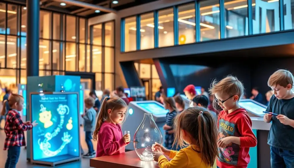 Educational and interactive attractions for children in the Łódź Voivodeship, Poland. A vibrant scene depicting a modern, family-friendly science center or museum. In the foreground, a group of children engaged in hands-on experiments and exhibits, their faces alight with curiosity and wonder. The middle ground showcases interactive displays and digital kiosks, encouraging exploration and learning. In the background, a sleek, architectural building with large windows and a welcoming entrance, bathed in warm, natural lighting. The overall atmosphere is one of discovery, creativity, and the joy of learning.