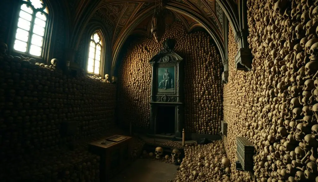 Kaplica Czaszek, Evora, Portugal: an ethereal ossuary chapel, its walls adorned with the meticulously arranged skulls and bones of over 5,000 individuals. Soft, warm lighting filters through ornate windows, casting a solemn, contemplative glow upon the intricate bone carvings and funerary art. The space exudes a sense of reverence and quiet contemplation, inviting visitors to reflect on mortality and the fragility of human existence. Towering arched ceilings and ornate architectural details create a magnificent, almost cathedral-like ambiance, transporting one to a realm where the sacred and the macabre intertwine. A masterpiece of morbid beauty, this captivating chapel stands as a testament to the human condition and the cycles of life and death.