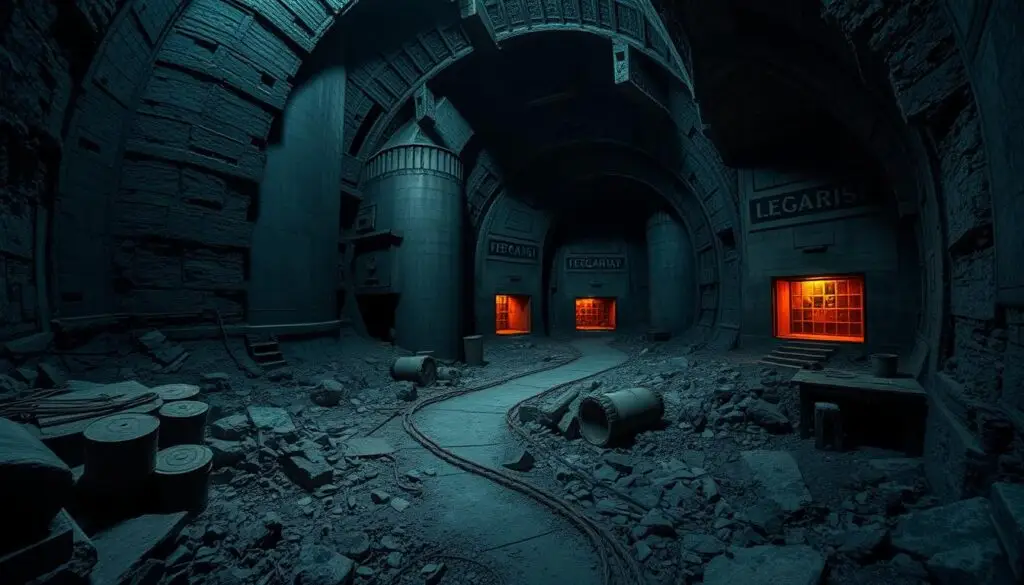 Projekt Riese kompleks Włodarz: a vast underground labyrinth of tunnels, chambers, and military installations nestled deep within the Owl Mountains. Capture the eerie atmosphere of this enigmatic site - towering concrete structures, dimly lit passageways, and the weight of history pressing down. Depict the scene with a cinematic, documentary-style aesthetic: wide-angle perspectives to convey the scale, harsh lighting to cast dramatic shadows, and a moody, contemplative tone. Emphasize the sense of exploration and mystery, as if the viewer is discovering this hidden world for the first time. Bring to life the captivating, unsolved secrets of Projekt Riese. Projekt Riese kompleks Włodarz: a vast underground labyrinth of tunnels, chambers, and military installations nestled deep within the Owl Mountains. Capture the eerie atmosphere of this enigmatic site - towering concrete structures, dimly lit passageways, and the weight of history pressing down. Depict the scene with a cinematic, documentary-style aesthetic: wide-angle perspectives to convey the scale, harsh lighting to cast dramatic shadows, and a moody, contemplative tone. Emphasize the sense of exploration and mystery, as if the viewer is discovering this hidden world for the first time. Bring to life the captivating, unsolved secrets of Projekt Riese.