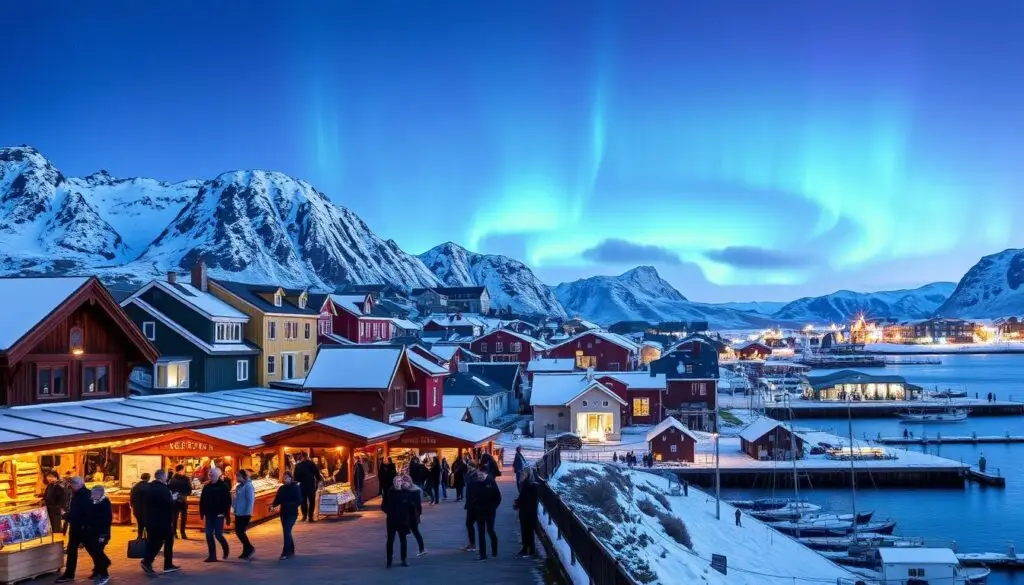 Tromso, a picturesque Norwegian city nestled in the Arctic Circle, shines with a vibrant array of tourist attractions. Set against a backdrop of snow-capped mountains and fjords, the city's historic wooden buildings and lively waterfront come alive under the soft glow of natural light. In the foreground, a group of visitors explore the bustling markets, sampling local delicacies and browsing the handcrafted wares of talented artisans. In the middle ground, the iconic Fjellheisen cable car ascends to the top of Storsteinen mountain, offering breathtaking panoramic views of the city and its stunning natural surroundings. In the distance, the elusive Northern Lights dance across the night sky, a mesmerizing natural phenomenon that draws countless tourists to Tromso each year.